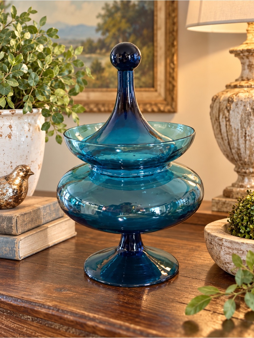 Vintage Teal Blue Glass Lidded Compote